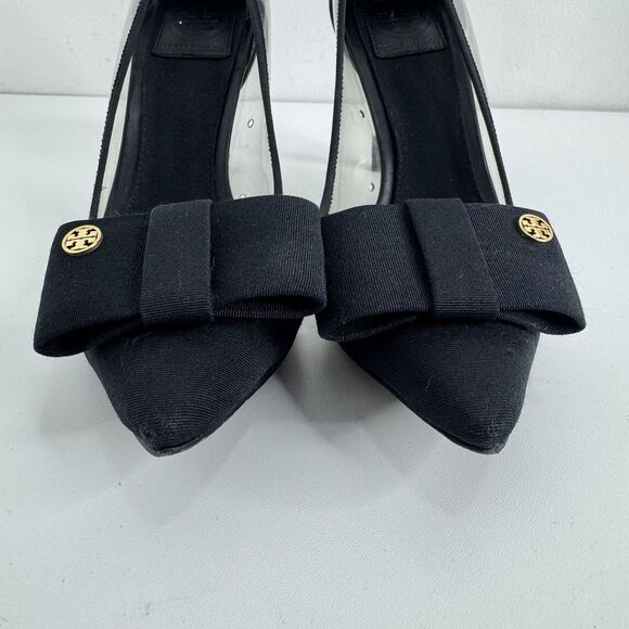 Tory Burch Black Aimee Grosgrain Fabric Pumps Heels Bow Pointed Logo Charm 7 - Picture 3 of 12